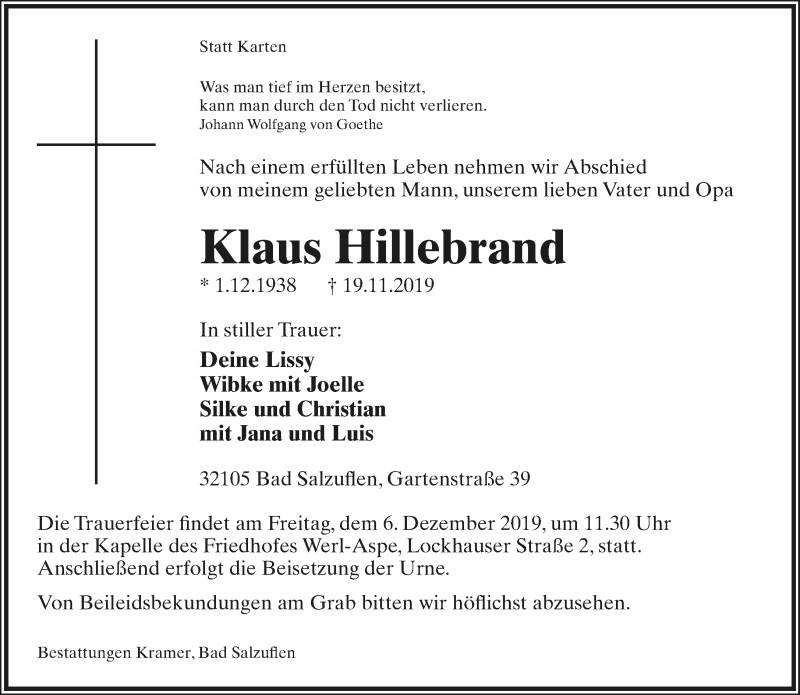  Traueranzeige für Klaus Hillebrand vom 23.11.2019 aus Lippische Landes-Zeitung