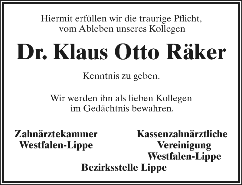  Traueranzeige für Klaus Otto Räker vom 01.11.2019 aus Lippische Landes-Zeitung