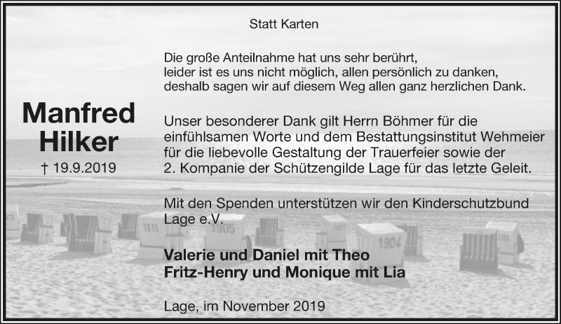  Traueranzeige für Manfred Hilker vom 01.11.2019 aus Lippische Landes-Zeitung