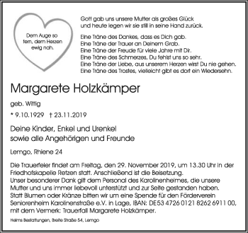 Anzeige  Margarete Holzkämper  Lippische Landes-Zeitung