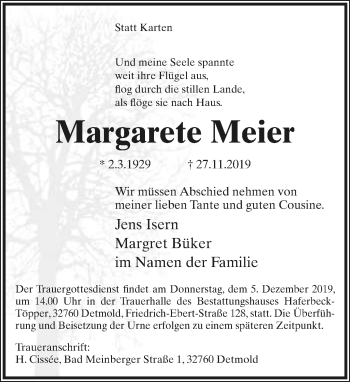 Anzeige  Margarete Meier  Lippische Landes-Zeitung