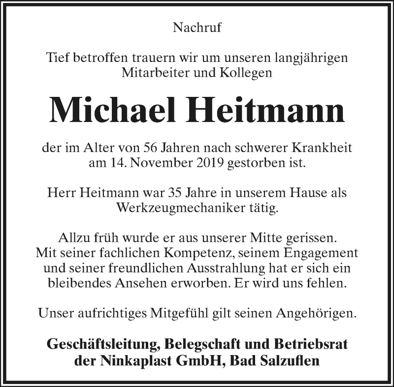  Traueranzeige für Michael Heitmann vom 23.11.2019 aus Lippische Landes-Zeitung
