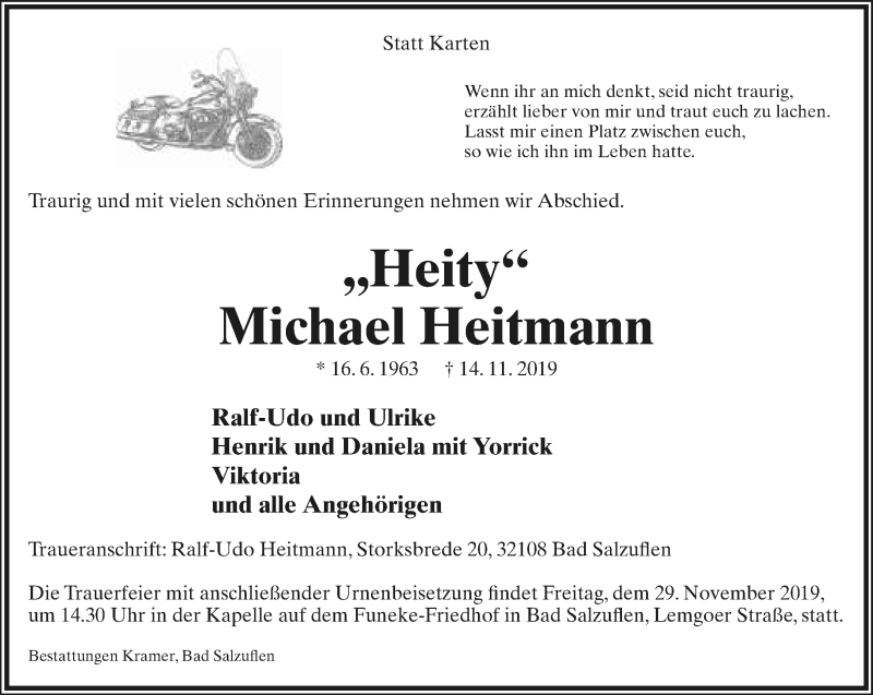  Traueranzeige für Michael Heitmann vom 23.11.2019 aus Lippische Landes-Zeitung