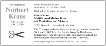Anzeige  Norbert Kraus  Lippische Landes-Zeitung