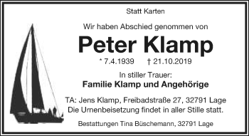 Anzeige  Peter Klamp  Lippische Landes-Zeitung