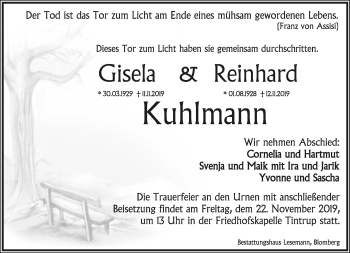 Anzeige  Reinhard Kuhlmann  Lippische Landes-Zeitung