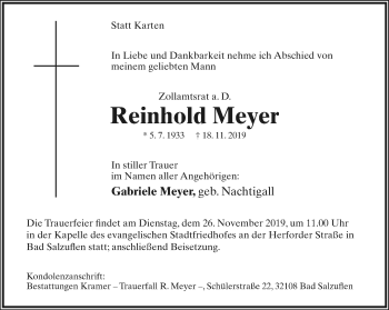 Anzeige  Reinhold Meyer  Lippische Landes-Zeitung