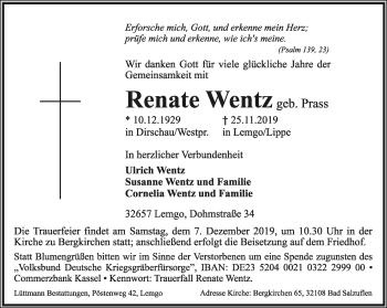 Anzeige  Renate Wentz  Lippische Landes-Zeitung