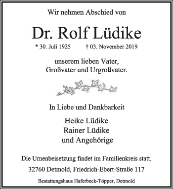 Anzeige  Rolf Lüdike  Lippische Landes-Zeitung