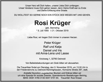 Anzeige  Rosi Krüger  Lippische Landes-Zeitung