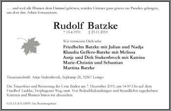 Anzeige  Rudolf Batzke  Lippische Landes-Zeitung