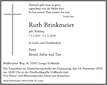 Anzeige  Ruth Brinkmeier  Lippische Landes-Zeitung