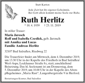 Anzeige  Ruth Herlitz  Lippische Landes-Zeitung
