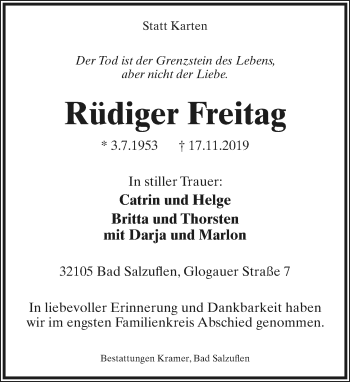 Anzeige  Rüdiger Freitag  Lippische Landes-Zeitung