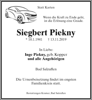 Anzeige  Siegbert Piekny  Lippische Landes-Zeitung