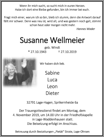 Anzeige  Susanne Wellmeier  Lippische Landes-Zeitung