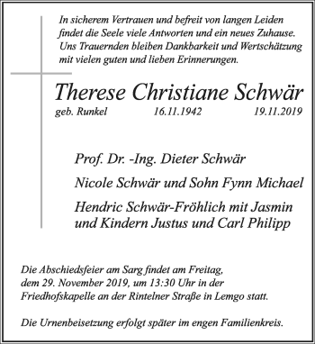 Anzeige  Therese Christiane Schwär  Lippische Landes-Zeitung