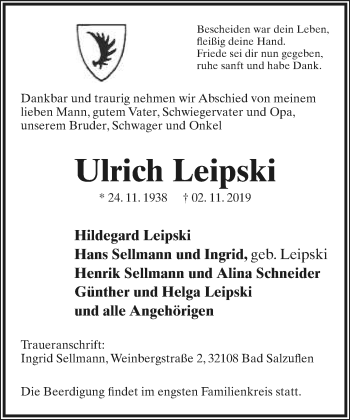 Anzeige  Ulrich Leipski  Lippische Landes-Zeitung