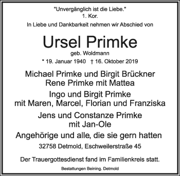 Anzeige  Ursel Primke  Lippische Landes-Zeitung