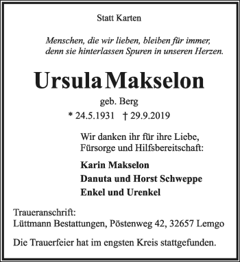 Anzeige  Ursula Makselon  Lippische Landes-Zeitung