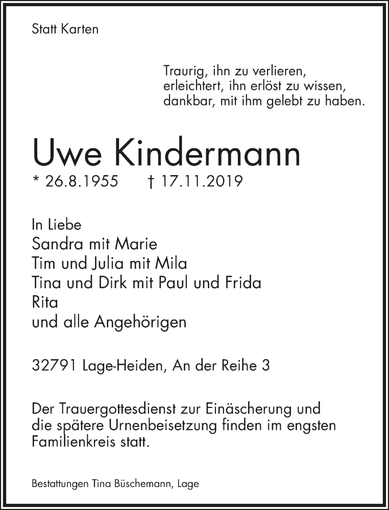 Traueranzeige für Uwe Kindermann vom 19.11.2019 aus Lippische Landes-Zeitung