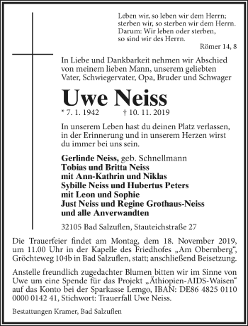 Anzeige  Uwe Neiss  Lippische Landes-Zeitung