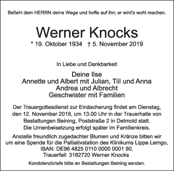Anzeige  Werner Knocks  Lippische Landes-Zeitung