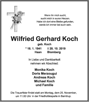 Anzeige  Wilfried Gerhard Koch  Lippische Landes-Zeitung
