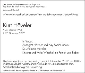 Anzeige  Kurt Höveler 