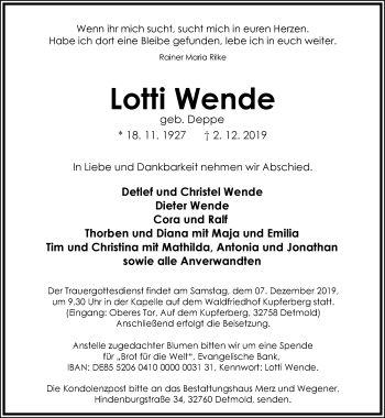 Anzeige  Lotti Wende  Lippische Landes-Zeitung