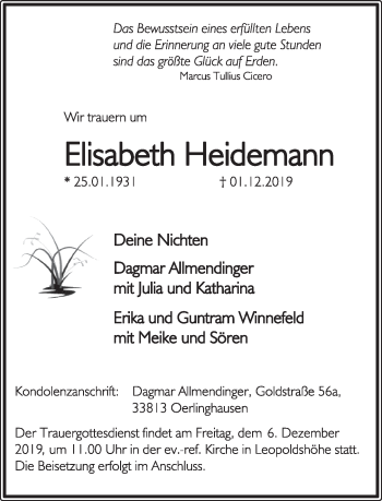 Anzeige  Elisabeth Heidemann  Lippische Landes-Zeitung