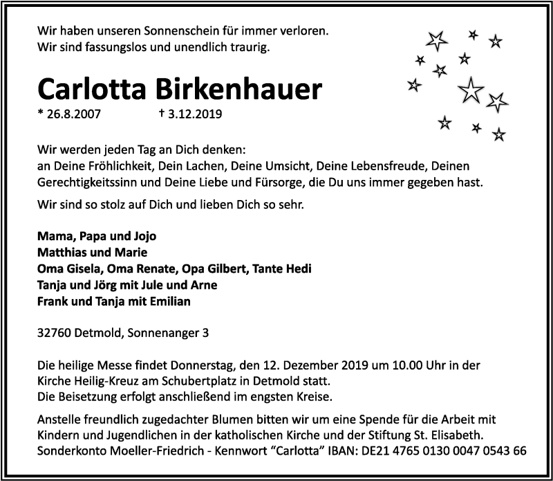  Traueranzeige für Carlotta Birkenhauer vom 07.12.2019 aus Lippische Landes-Zeitung