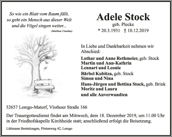 Anzeige  Adele Stock  Lippische Landes-Zeitung