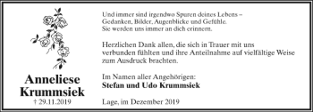 Anzeige  Anneliese Krummsiek  Lippische Landes-Zeitung