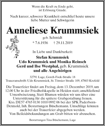 Anzeige  Anneliese Krummsiek  Lippische Landes-Zeitung