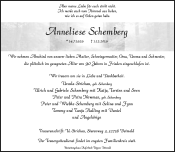 Anzeige  Anneliese Schemberg  Lippische Landes-Zeitung
