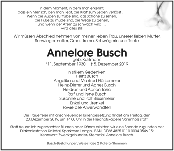 Anzeige  Annelore Busch  Lippische Landes-Zeitung
