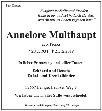 Anzeige  Annelore Multhaupt  Lippische Landes-Zeitung