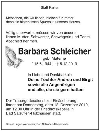 Anzeige  Barbara Schleicher  Lippische Landes-Zeitung