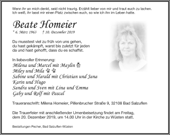 Anzeige  Beate Homeier  Lippische Landes-Zeitung