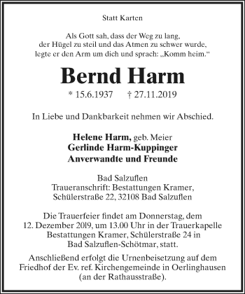 Anzeige  Bernd Harm  Lippische Landes-Zeitung