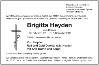 Anzeige  Brigitta Heyden  Lippische Landes-Zeitung