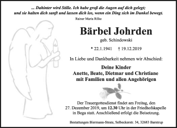 Anzeige  Bärbel Johrden  Lippische Landes-Zeitung