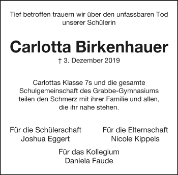 Anzeige  Carlotta Birkenhauer  Lippische Landes-Zeitung