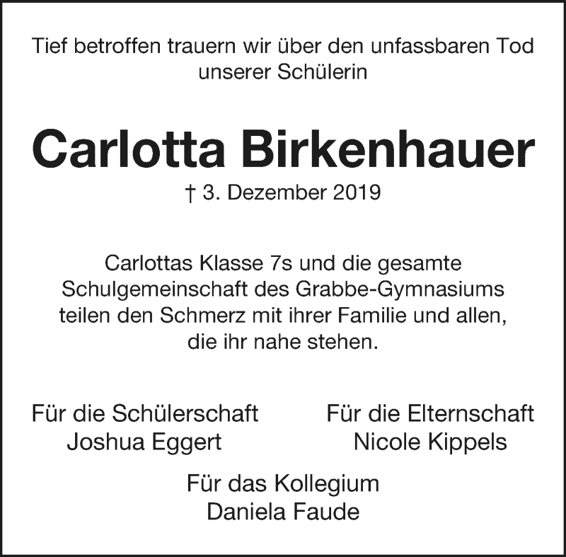  Traueranzeige für Carlotta Birkenhauer vom 10.12.2019 aus Lippische Landes-Zeitung
