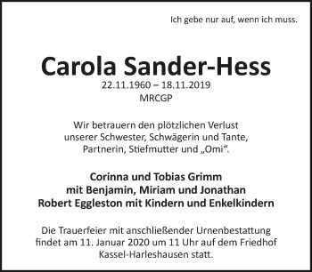 Anzeige  Carola Sander-Hess  Lippische Landes-Zeitung