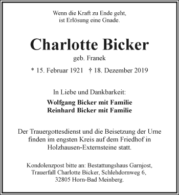 Anzeige  Charlotte Bicker  Lippische Landes-Zeitung
