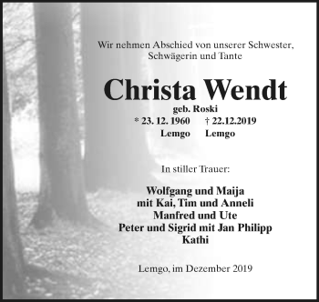 Anzeige  Christa Wendt  Lippische Landes-Zeitung