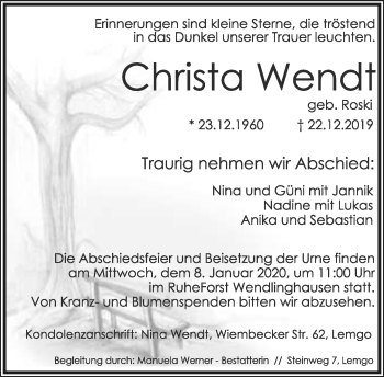 Anzeige  Christa Wendt  Lippische Landes-Zeitung