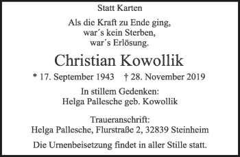 Anzeige  Christian Kowollik  Lippische Landes-Zeitung